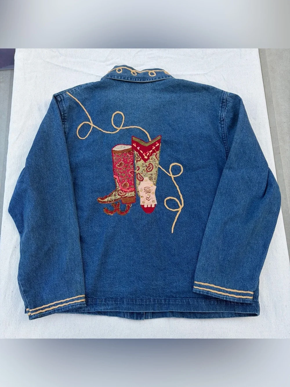 SOLD Vintage Tantrums Cowgirl Patchwork Denim Jacket Sequin Beaded Western - Picture 4 of 7